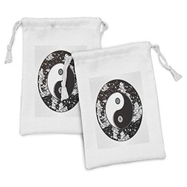 Ambesonne Ying Yang Fabric Pouch Set of 2, Stars and Moon Design Starry Night Sky Peace Magic Boho, Small Drawstring Bag for Toiletries Masks and Favors, 9" x 6", Black and White