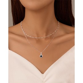 ACECHA Silver Layered Necklaces for Women, Dainty Singapore Chain Choker Necklace with Simple Diamond Pendant Trendy Charm Jewelry Gifts (Black Drop)