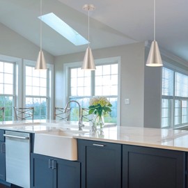 Brushed Nickel Pendant Lights Kitchen Island,Dining Room Light Fixtures Over Table 3 Pack with Silver Cone Metal Shade, Modern Farmhouse Small Chandeliers,Adjustable Cord Hanging Lighting for Sink