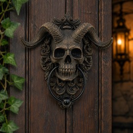 Gothic Horned Skull Door Knocker – Vintage Resin Sheep Head Door Decor for Front Doors, Fantasy & Dark Home Decoration