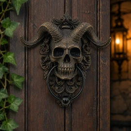 Gothic Horned Skull Door Knocker – Vintage Resin Sheep Head Door Decor for Front Doors, Fantasy & Dark Home Decoration