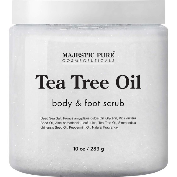 MAJESTIC PURE Tea Tree Body and Foot Scrub - Strong Shield against Fungus - Best Exfoliating Cleanser for Skin - Natural Help Against Acne and Callus - Promotes Healthy Foot - 10 oz