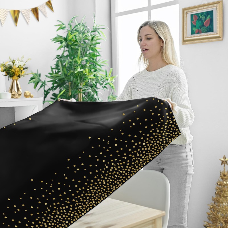 Party Tablecloths, Black Disposable Tablecloth with Gold Polka Dot Garden