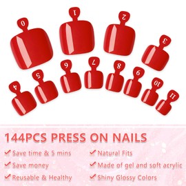 EternalClassic 144pc Press on Toenails for Women Toe Nail Press ons Short Square with Glue&Jelly Glue, Hot Red Fake Toe Nails Glue on Toe Nails, Full Cover Acrylic Artificial Toe Press on Nails