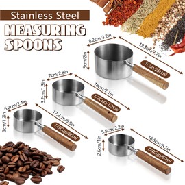 LELE LIFE Set of 4 Stainless Steel Measuring Cups with Wooden Handle - 250/125/ 80/ 60ml Metal Measure Scoop for Kitchen Food Baking Cooking