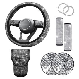 AMZAUTO 8 PCS Bling Car Accessories Set for Women, 15 Inch Steering Wheel Cover, Bling Shift Protector, Sparkly Seat Belt Covers, Car Cup Coasters, Cute Auto Interior Decor Set (Silver Diamond)