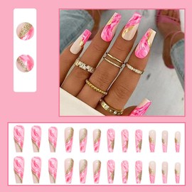 BQZQPAMZ Pink White Gradient Press on Nails Medium Length, Square False Nails - With Gold Glitter Design Glue on Nails Full Coverage Acrylic Nails Reusable for Women DIY Spring Nail Art Supplies
