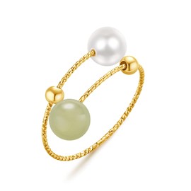 LOOYUUPEE Minimalist Open Rings Adjustable Hetian Jade with Crystal Pearl Jewelry Anniversary Gifts for Her (Single Lap) (Jade & Crystal Pearl)