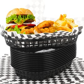 Uiifan 24 Pcs Fast Food Baskets with 100 Deli Liners Deli Baskets Food Baskets 10.5 x 7 Inch for Serving Burger Baskets Chip Baskets Service Basket Trays for Hot Dog Hamburger Bread Picnic(Black)