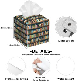 Bookshelves Tissue Box Cover Square,Tissue Box Holder with Belt Bottom,Stylish Leather Napkin Holder for Vanity Countertop,Nightstands,Office Desk,5.2"×5.2"×5.2"