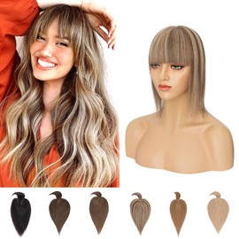 Silk-co Clip in Crown Hair Toppers For Thinning Hair Women Real Hair Topper With Fringe 150% Demsity Human Hair Extensions 16 inches #4P27 Medium Brown&Dark Blonde