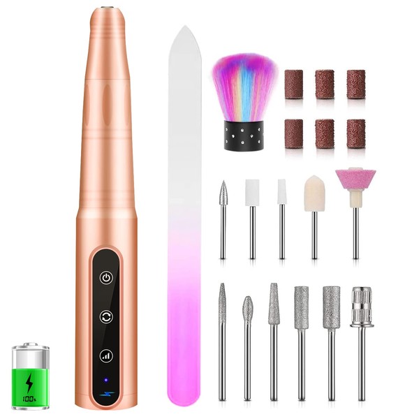 FOLAI Electric Nail File, USB Electric Nail File 30000 RPM Adjustable Speed Portable, Electric Nail Art & Pedicure Kit Nail Drill for Acrylic Nails, Gel Nails（Golden）