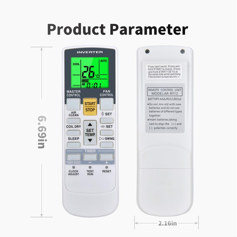 ZWP AR-RY12 AR-RAH2U Replacement Remote Control fit for Fujitsu Air