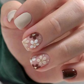 Square Press on Nails Short Fake Nails White Nails Press ons Glossy Glue on Nails Spring False Nails with Flower Designs Brown Acrylic Nails Artificial Stick on Nails for Women 24Pcs