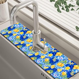Blue Tiles and Yellow Lemon Sink Faucet Absorbing Mat Sink Splash Guard Faucet Mat Draining Mat Fast Drying Sink Protectors for Kitchen and Bathroom 5.5"×24"