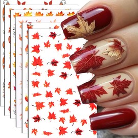 6Pcs Fall Nail Stickers Maple Leaves Nail Decals DIY Self Adhesive Thanksgiving Nail Design Autumn Nail Decoration Supplies Manicure Accessories for Women Girls