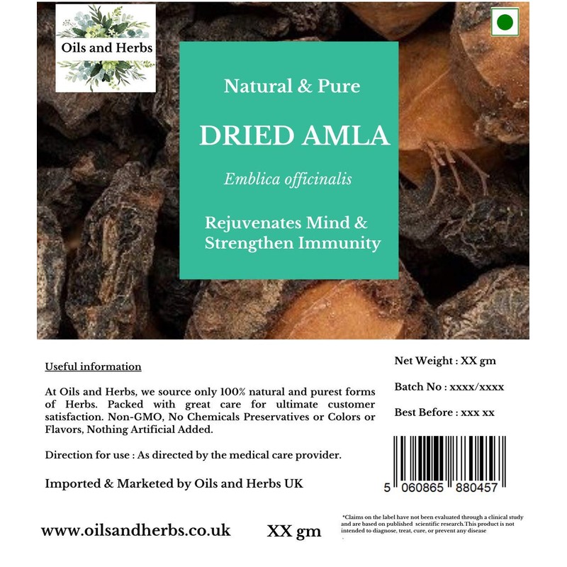 Oils and Herbs 100% Organic Dried amla 200GM