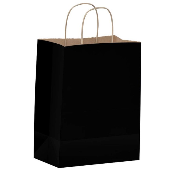 Qutuus Black Paper Gift Bags with Handles 50 Pcs 8x4.5x10 inches Black Kraft Bags with Handles Bulk Shopping Bags Party Bags Kraft Paper Bags Retail Bags