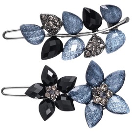 HINZIC 2Pcs 2inch Vintage Rhinestone Hair Barrettes, Gray Black Sparkly Crystal Clips, Small Flower Fancy Decorative Hair Pins Wedding Prom Jewelry Valentines Accessories for Women Girls Bride