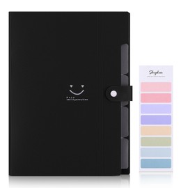 SKYDUE Expanding Folder, Document Bag A4 with Colourful Labels, Expandable Folder Folder System with Press Stud Button, Document Folder for Office, Home, School Everyday (Black, 5 Pockets)