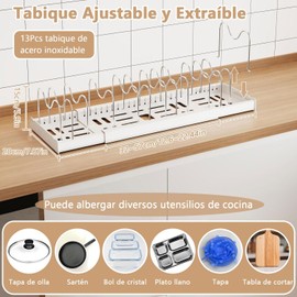 Organizador de Sartenes y Ollas Expandible, Organizador de Platos Acero Inoxidable 13 Compartimentos Ajustables, Porta Sartenes de Cocina, Separador de Tapas, para Armario de Despensa, Blanco