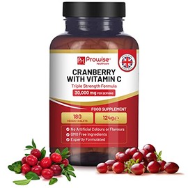 Triple Strength Cranberry 30,000mg Added with Vitamin C - 180 Vegan Tablets I Easy to Swallow Tablets I Made in The UK by Prowise Healthcare
