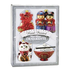 Asian Chinese Mini Glass Hawaiian Ornaments Set of 4-Money CAT, Rice Bowl, Dragon, Chinese Children