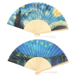 Pssopp 2Pcs Folding Handheld Fan Retro Vintage Hand Held Folding Fan Starry Starry Night Folding Fan with Art Pattern for Hanging Decor