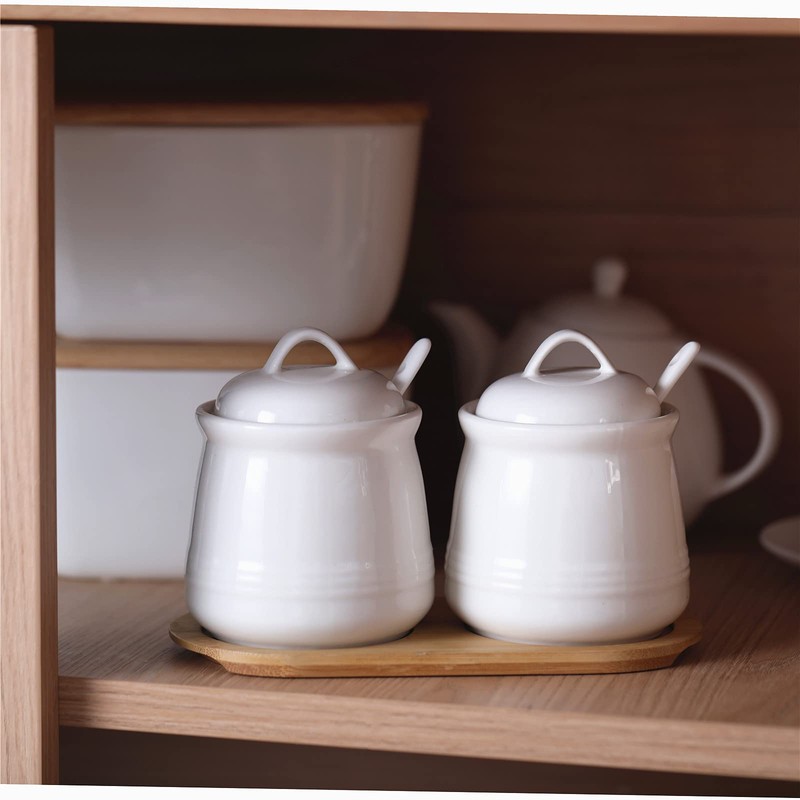 HAOTOP Ceramic Sugar Bowl 2 Pack, PorcelainJar with Tray, Spoon