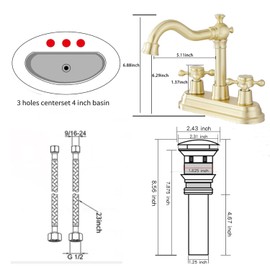 Bathroom Faucet Brushed Gold GGStudy 2 Handles 4 Inches Centerset Bathroom Vanity with Drain Assembly and Supply Hose Lavatory Mixer Double Handle Tap