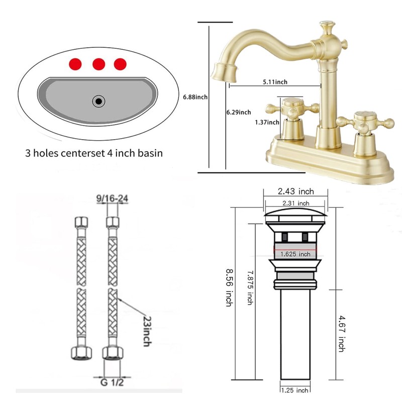 Bathroom Faucet Brushed Gold GGStudy 2 Handles 4 Inches Centerset