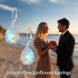 VONALA Sunflower Earring for Women 925 Sterling Silver Moonstone Jewelry Teardrop Leverback Valentines Gift for Her