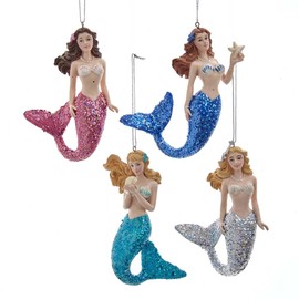 Kurt Adler Mermaids with Glittered Tails Christmas Ornaments, One Set of 4 Assorted