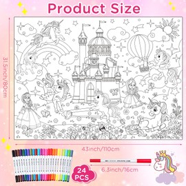 Qeeenar Unicorn Coloring Poster with 24 Watercolor Markers 43.3 x 31.5 Inch Giant Coloring Poster Jumbo Cute Unicorn Coloring Table Cover for Kids Craft Unicorn Birthday Party Favors Supplies