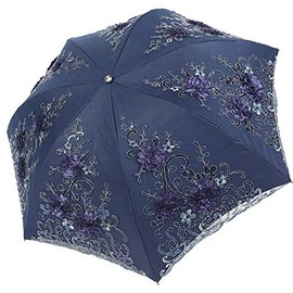 Honeystore Vintage Lace UV Sun Parasol Folding 3D Flower Embroidery Umbrella 7338 Navy
