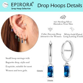 Sterling Silver Drop Hoop Earrings for Women, Small Silver Huggie Hoop Earrings with Dangle | Hypoallergenic Blue Cubic Zirconia Dangling Cartilage Helix Tragus Earring Jewellery Girls Gifts