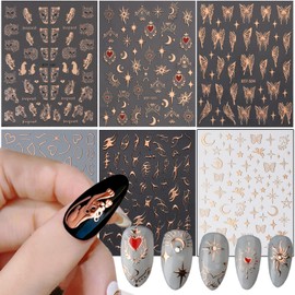 Rose Gold Nail Art Stickers, Leopard Butterfly Sun Moon Stars Heart Line Nail Self-Adhesive Sticker Design, 3D Nail Transfer Decals Supplies for Women Manicure Decorations, DIY Resin Nail Decal