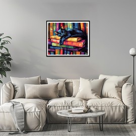 Black Cat Sleeping Paint by Numbers Kit for Adults, Cute Cats & Books Paint by Number, Colorful DIY Oil Painting on Canvas for Gift, Colorful Home Wall Decor - Animal(16x20inch, No Frame)
