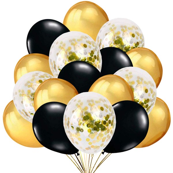50 Balloons, Gold and Black with Gold Confetti, Balloons for Decoration, Party Celebration Decoration for Birthday, Birthday Decoration