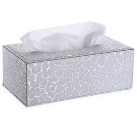 BTSKY PU Leather Tissue Box Holder, Household Rectangular Facial Tissue Box Cover Napkin Holder Paper Case Dispenser for Home Office Car Countertop, Silver