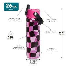 Elemental Splash Water Bottle with Straw - BPA-Free Tritan Plastic Reusable Water Bottle with Strap - Ideal for Travel, Gym and Sports - Leak Proof when Spout is Closed - 26 oz - Pink Checkers