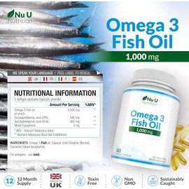 Omega 3 Fish Oil 1000mg - 365 Softgel Capsules - Up to 12 Month’s Supply - Pure Fish Oil with Balanced EPA & DHA - Contaminant Free Omega 3 - Made in The UK by Nu U Nutrition