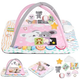 Baby Play Mat Activity Gym with Tummy Time Pillow, 6 Developmental Zones Tummy Time Mat, 6 Detachable Sensory Toys and Educational Cards, Essential Baby Shower Set, Pink Koala