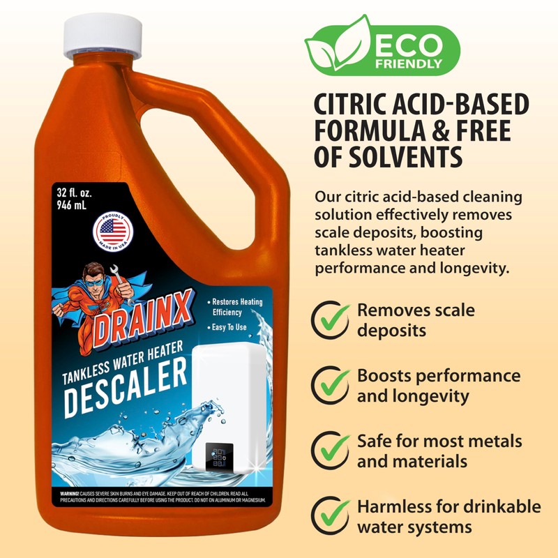 DrainX Tankless Water Heater Flushing Kit with Eco-safe Liquid Descaler