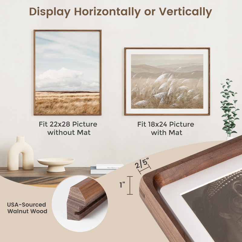 22x28 Poster Frame, USA-Sourced Walnut Wood Picture Frame with HD