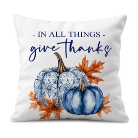 WitHero Fall Throw Pillow Cover 16x16 Inch – White Linen Cushion Cover with Blue Pumpkins and Golden Leaves – Double-Sided Print, Autumn Thanksgiving Decorative Pillowcase for Sofa, Couch, Bed