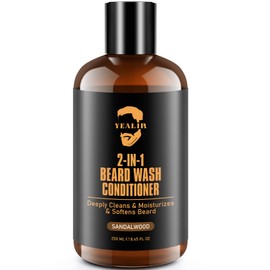 YEALIR 2-in-1 Beard Wash and Conditioner – Cleanse, Hydrate & Soften Dry, Coarse Beard, Beard Shampoo for a Fuller & Healthier Beard –Sandalwood Scent, 8.45 oz
