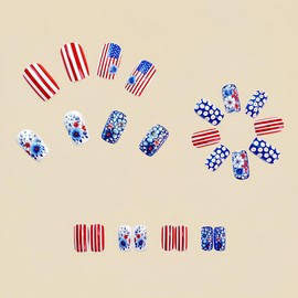 24Pcs 4th of July Press on Nails Medium Square Nails American Flag Fake Nails with Designs Reusable Independence Day Acrylic Nails Red Blue White False Nails Patriotic Flower Stick on Nails for Women
