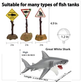 BEEMERIT Aquarium Shark Décor Set - Floating Great White Shark with Shark Warning Sign for Fish Tanks - Decorative Accessories for Aquariums (Shark Sighted)