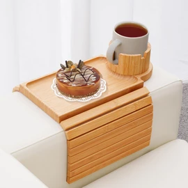 GHKINMAL Couch Cup Holder Tray, 3 in 1 Couch Arm Trays,Large Bamboo Chair Arm Rest Tray with 360° Cup Holder,Removable Anti-Slip Organizer for Snack Eating